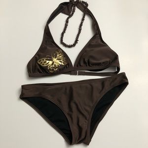 Chocolate brown swimsuit with gold butterfly